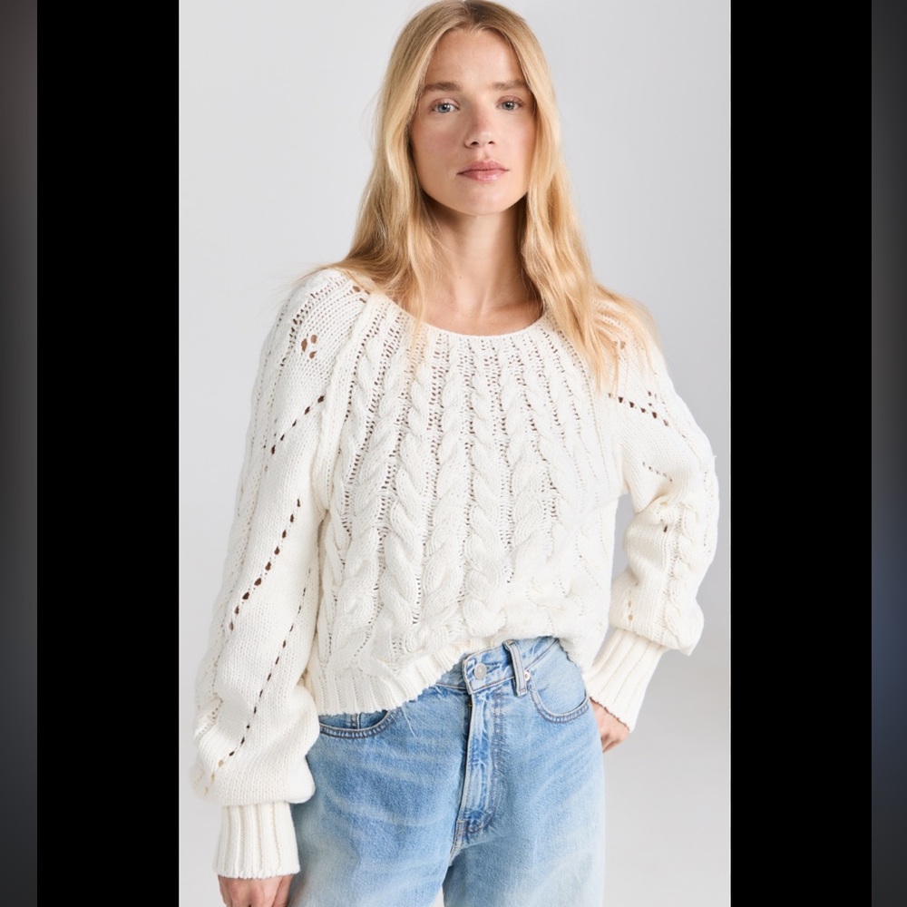 Free People Boho Cable Knit Sandre Pullover Sweater Ivory Ethereal Sz S